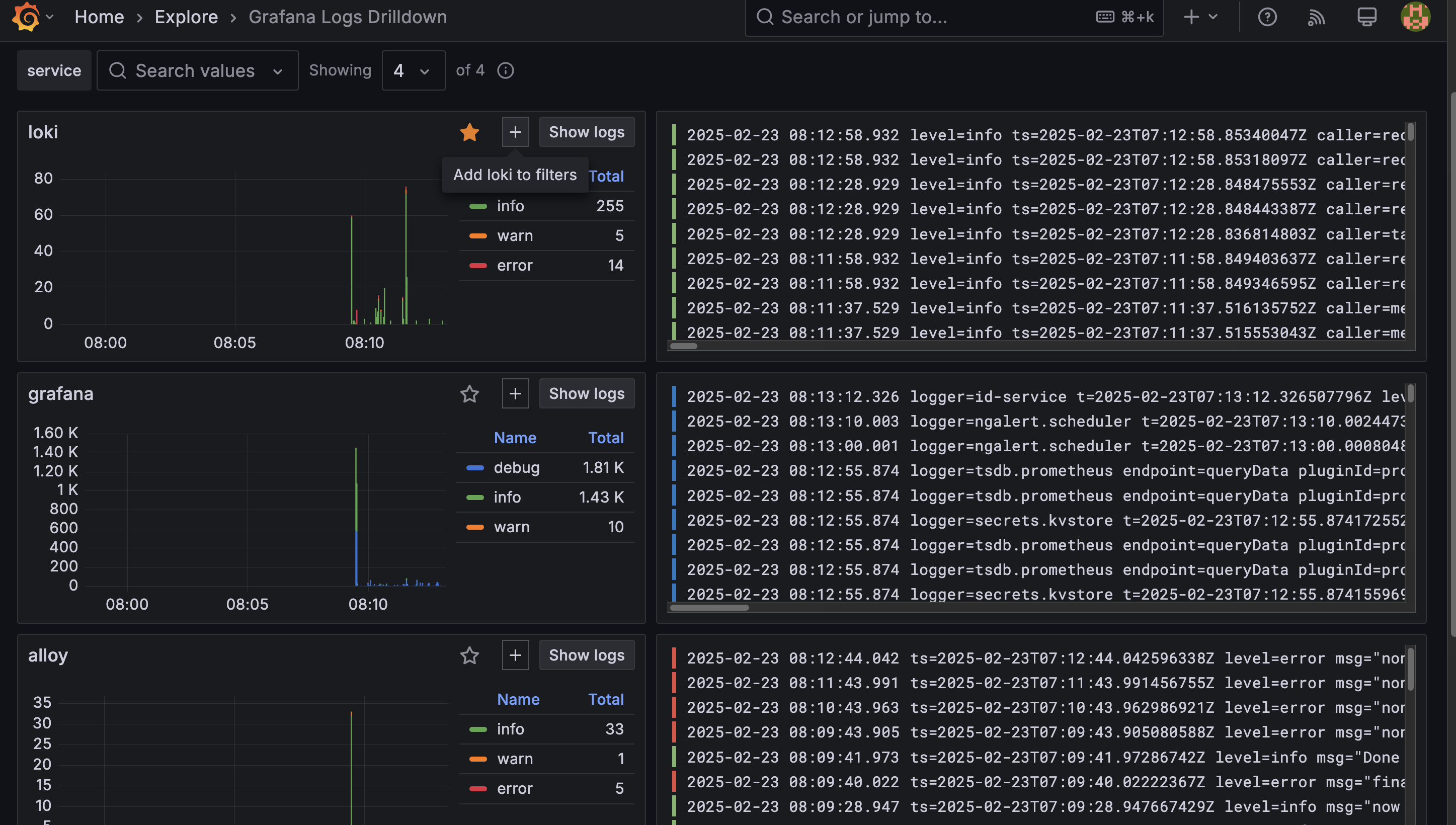 Screenshot of Grafana's Loki query interface displaying logs collected from running Docker containers using Alloy.